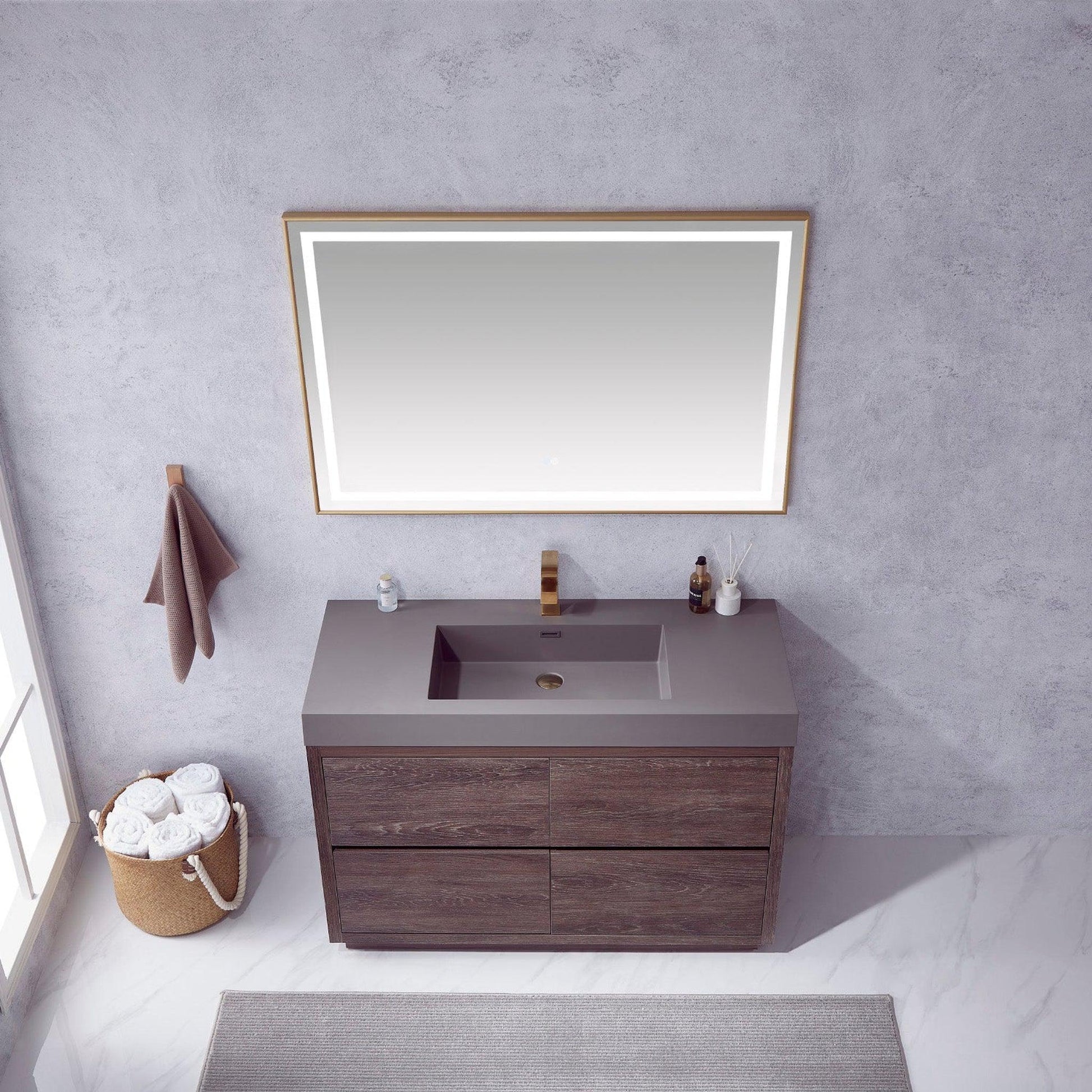 Vinnova Huesca 48" Single Sink Bath Vanity In North Carolina Oak With Grey Composite Integral Square Sink Top And Mirror