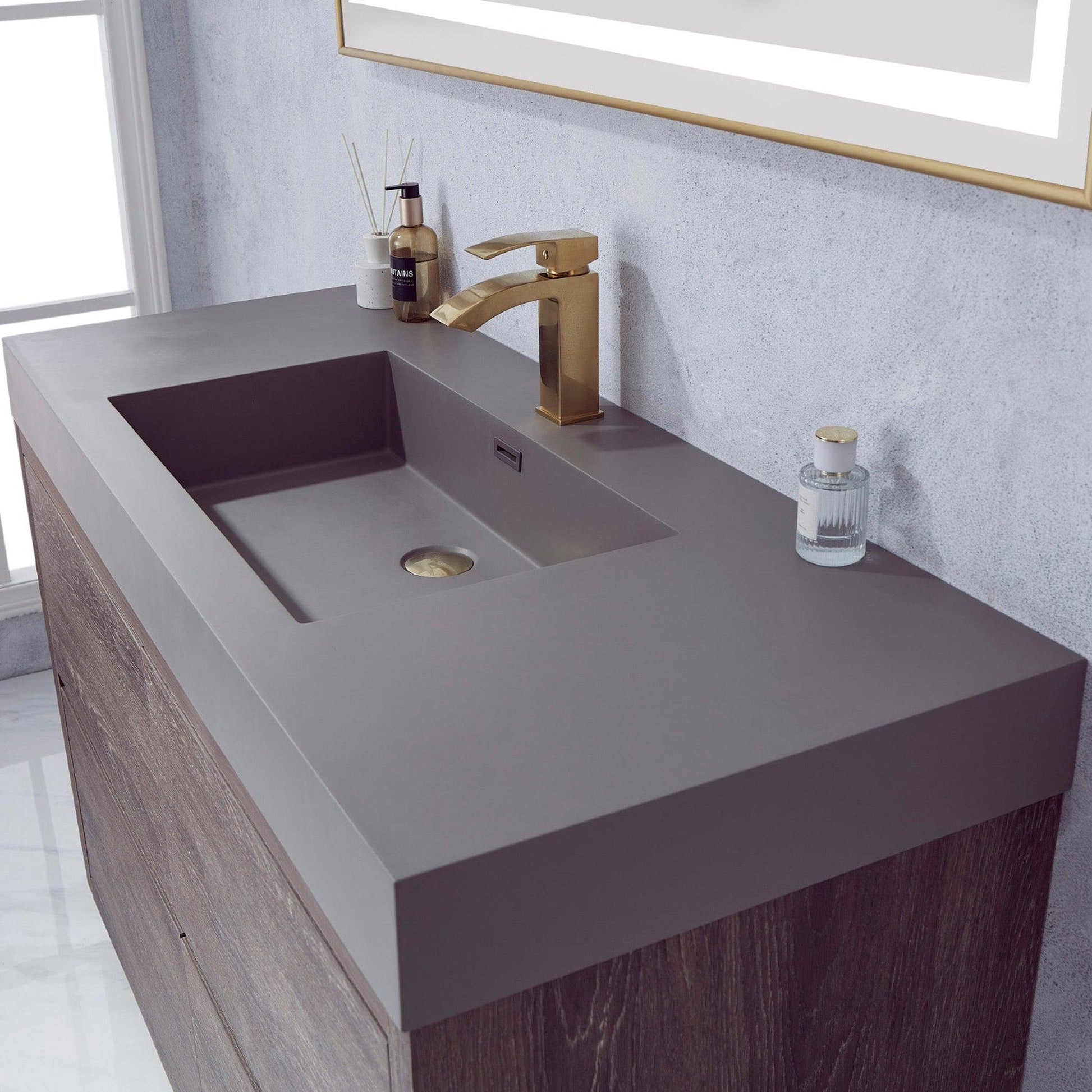 Vinnova Huesca 48" Single Sink Bath Vanity In North Carolina Oak With Grey Composite Integral Square Sink Top And Mirror