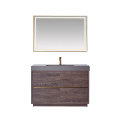 Vinnova Huesca 48" Single Sink Bath Vanity In North Carolina Oak With Grey Composite Integral Square Sink Top And Mirror