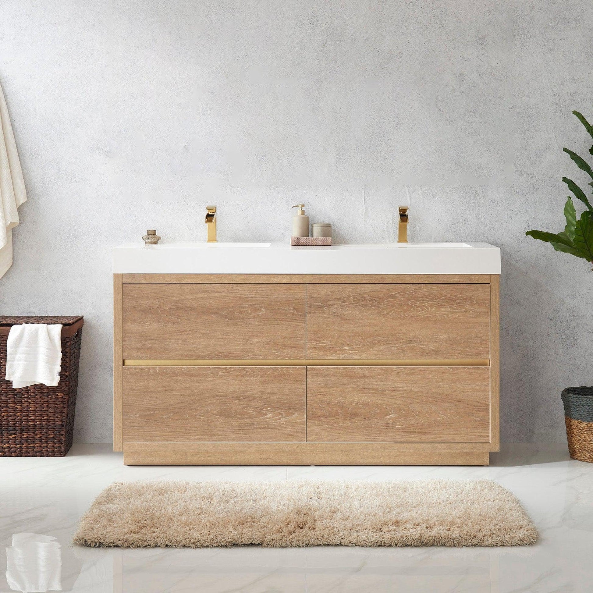 Vinnova Huesca 60" Double Sink Bath Vanity In North American Oak With White Composite Integral Square Sink Top