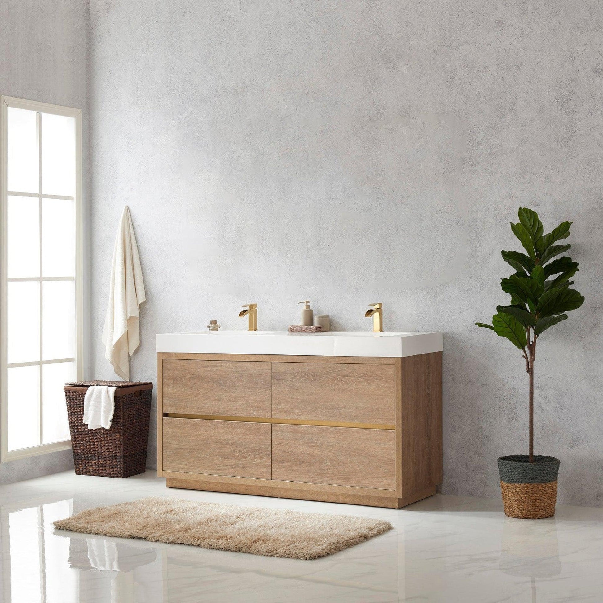 Vinnova Huesca 60" Double Sink Bath Vanity In North American Oak With White Composite Integral Square Sink Top