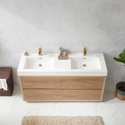 Vinnova Huesca 60" Double Sink Bath Vanity In North American Oak With White Composite Integral Square Sink Top