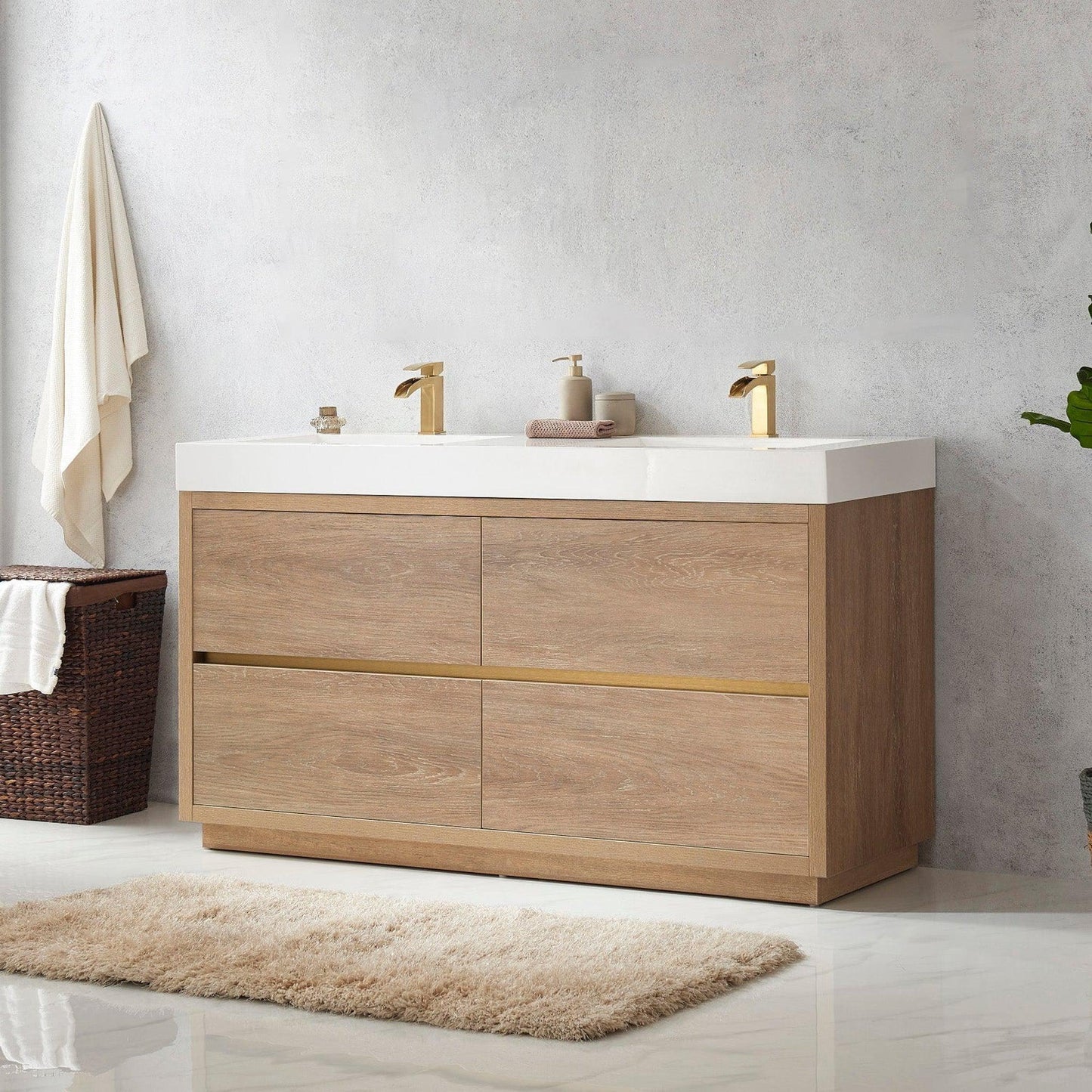 Vinnova Huesca 60" Double Sink Bath Vanity In North American Oak With White Composite Integral Square Sink Top