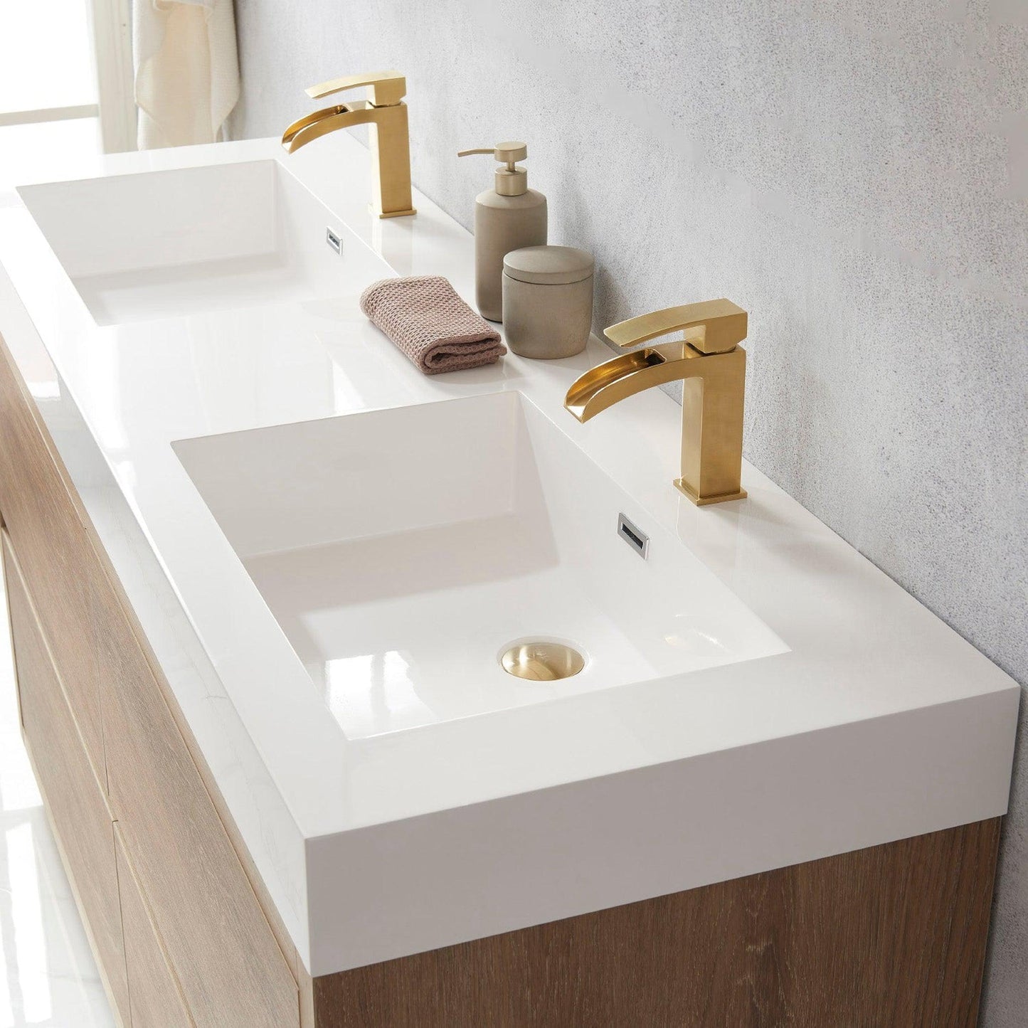 Vinnova Huesca 60" Double Sink Bath Vanity In North American Oak With White Composite Integral Square Sink Top