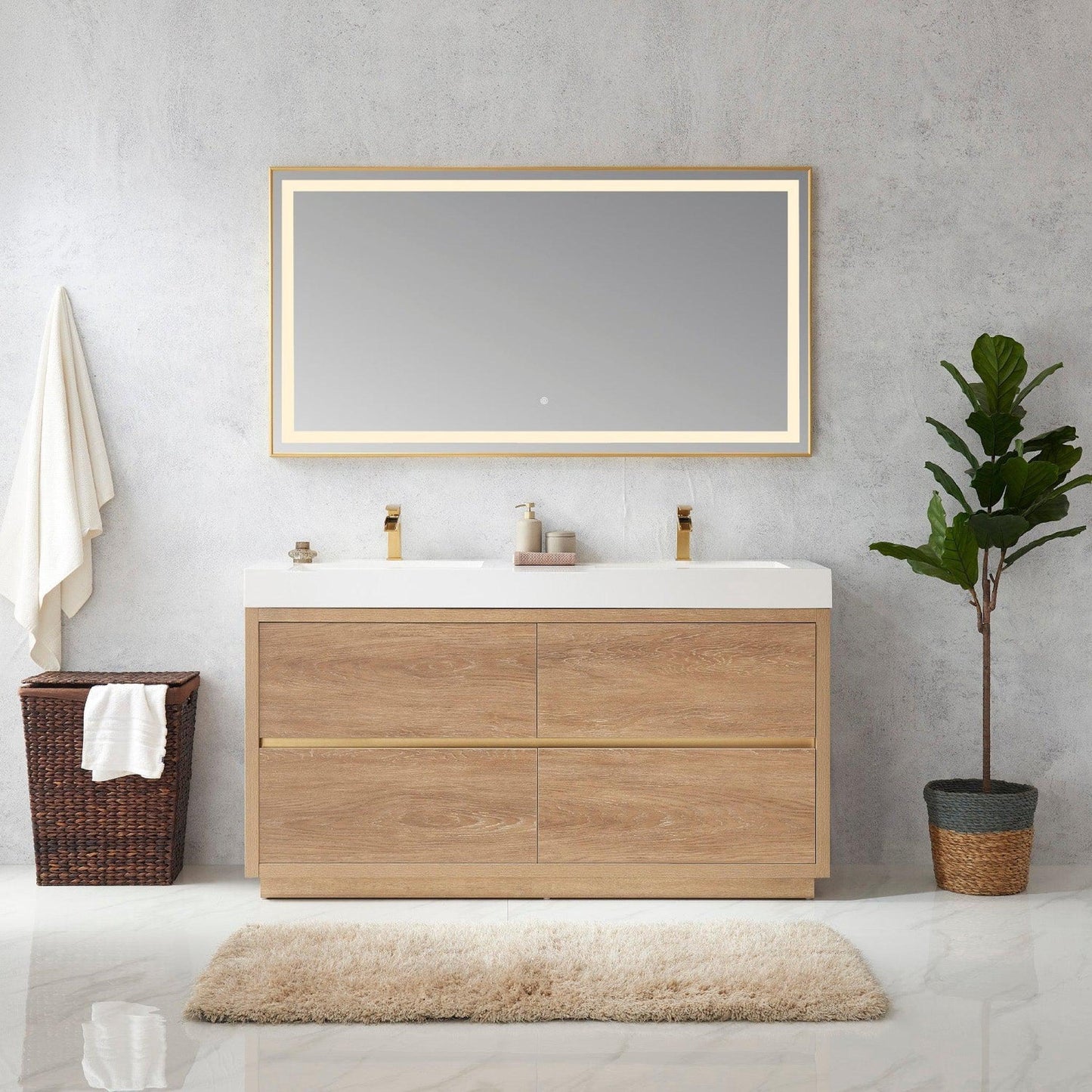 Vinnova Huesca 60" Double Sink Bath Vanity In North American Oak With White Composite Integral Square Sink Top And Mirror