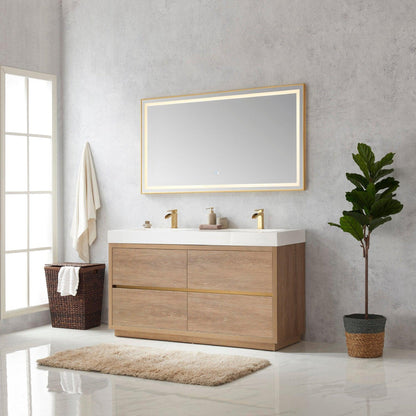 Vinnova Huesca 60" Double Sink Bath Vanity In North American Oak With White Composite Integral Square Sink Top And Mirror