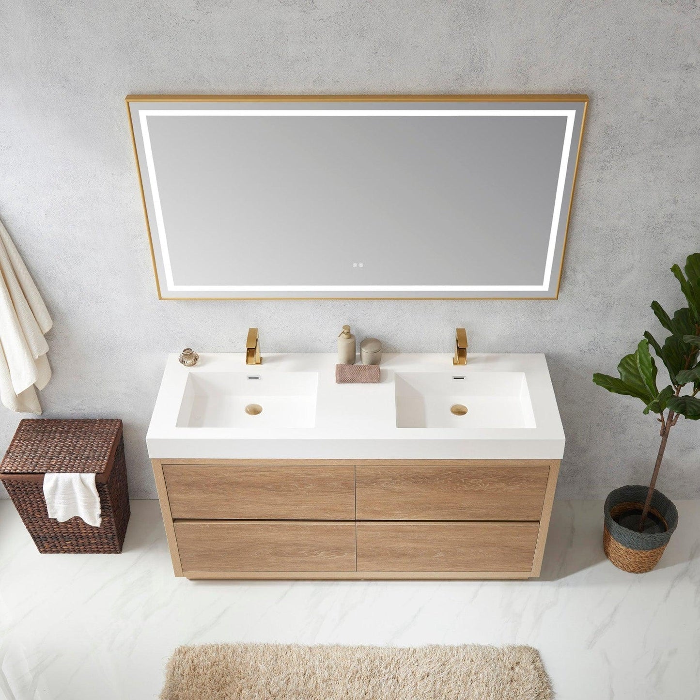 Vinnova Huesca 60" Double Sink Bath Vanity In North American Oak With White Composite Integral Square Sink Top And Mirror