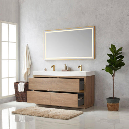 Vinnova Huesca 60" Double Sink Bath Vanity In North American Oak With White Composite Integral Square Sink Top And Mirror