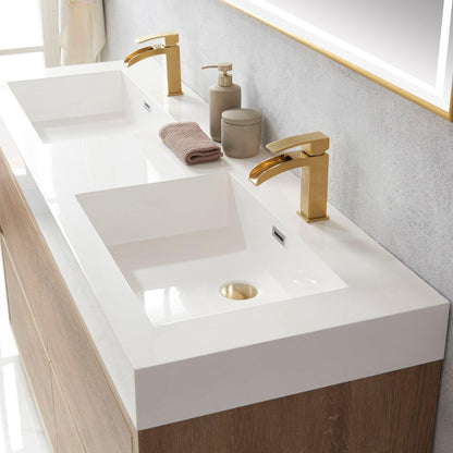 Vinnova Huesca 60" Double Sink Bath Vanity In North American Oak With White Composite Integral Square Sink Top And Mirror