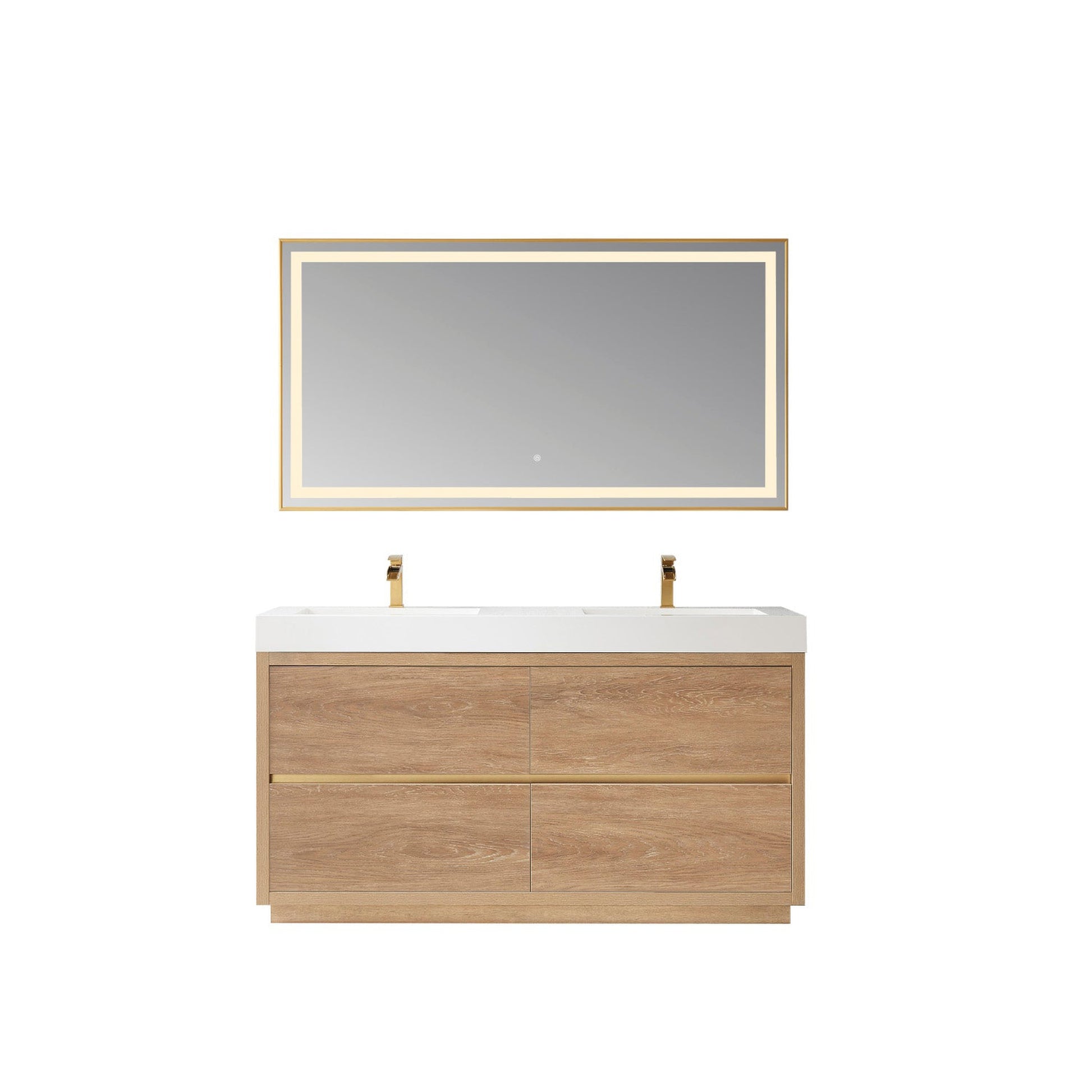 Vinnova Huesca 60" Double Sink Bath Vanity In North American Oak With White Composite Integral Square Sink Top And Mirror