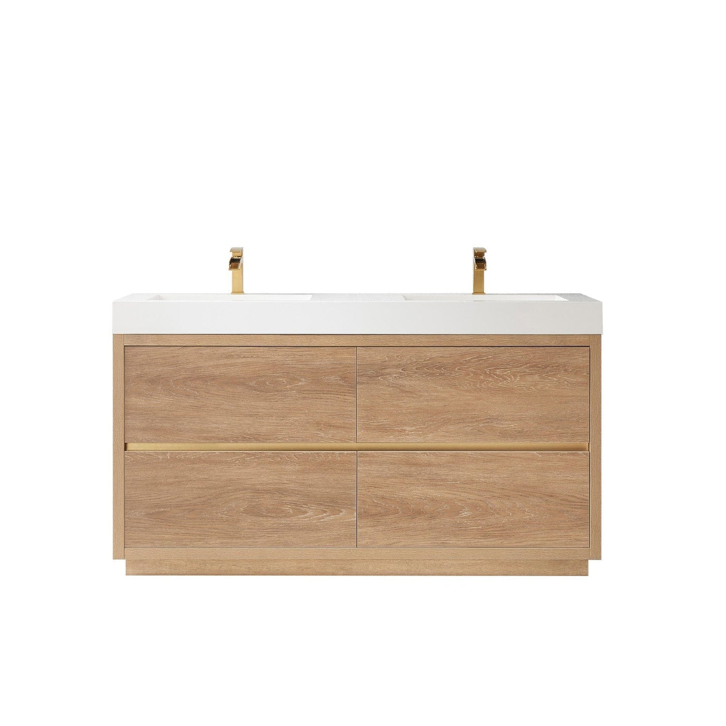 Vinnova Huesca 60" Double Sink Bath Vanity In North American Oak With White Composite Integral Square Sink Top