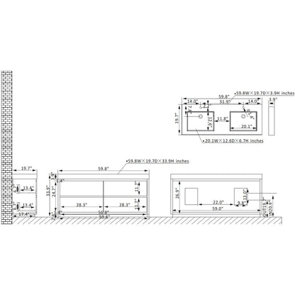 Vinnova Huesca 60" Double Sink Bath Vanity In North Carolina Oak With Grey Composite Integral Square Sink Top