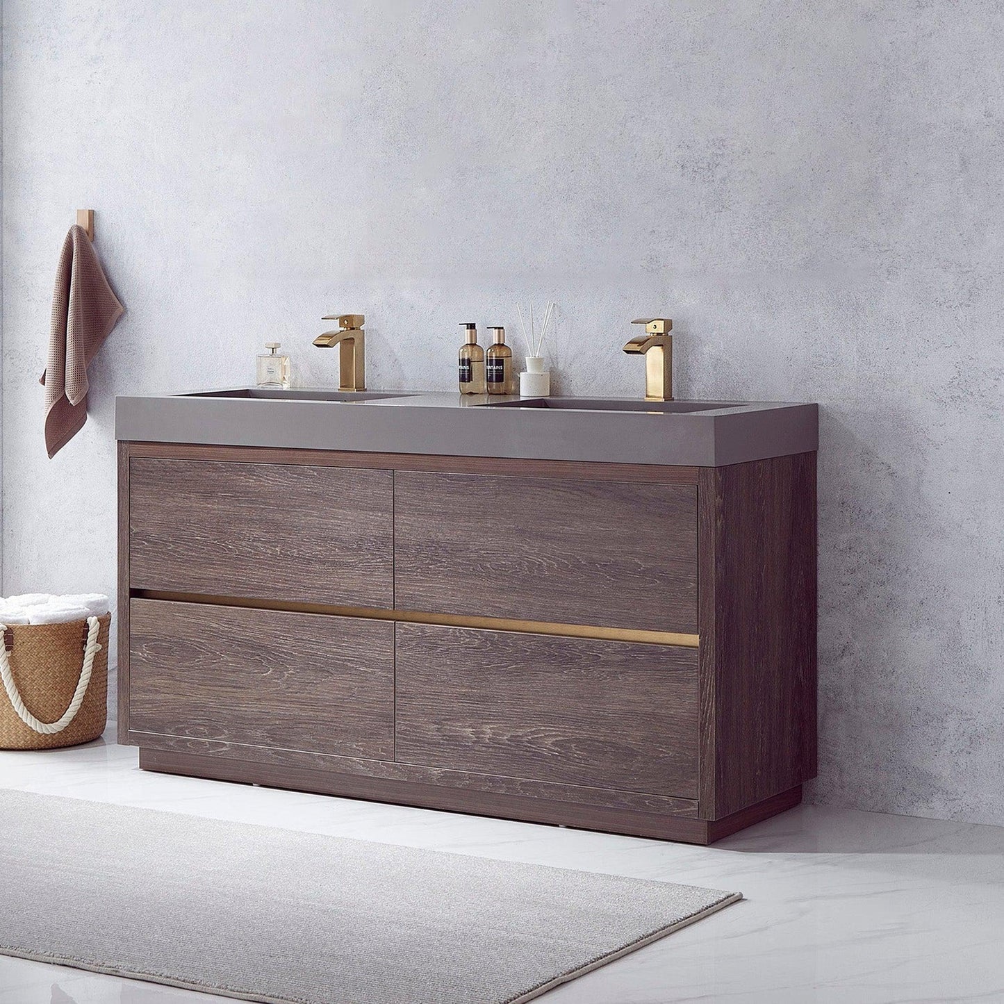 Vinnova Huesca 60" Double Sink Bath Vanity In North Carolina Oak With Grey Composite Integral Square Sink Top