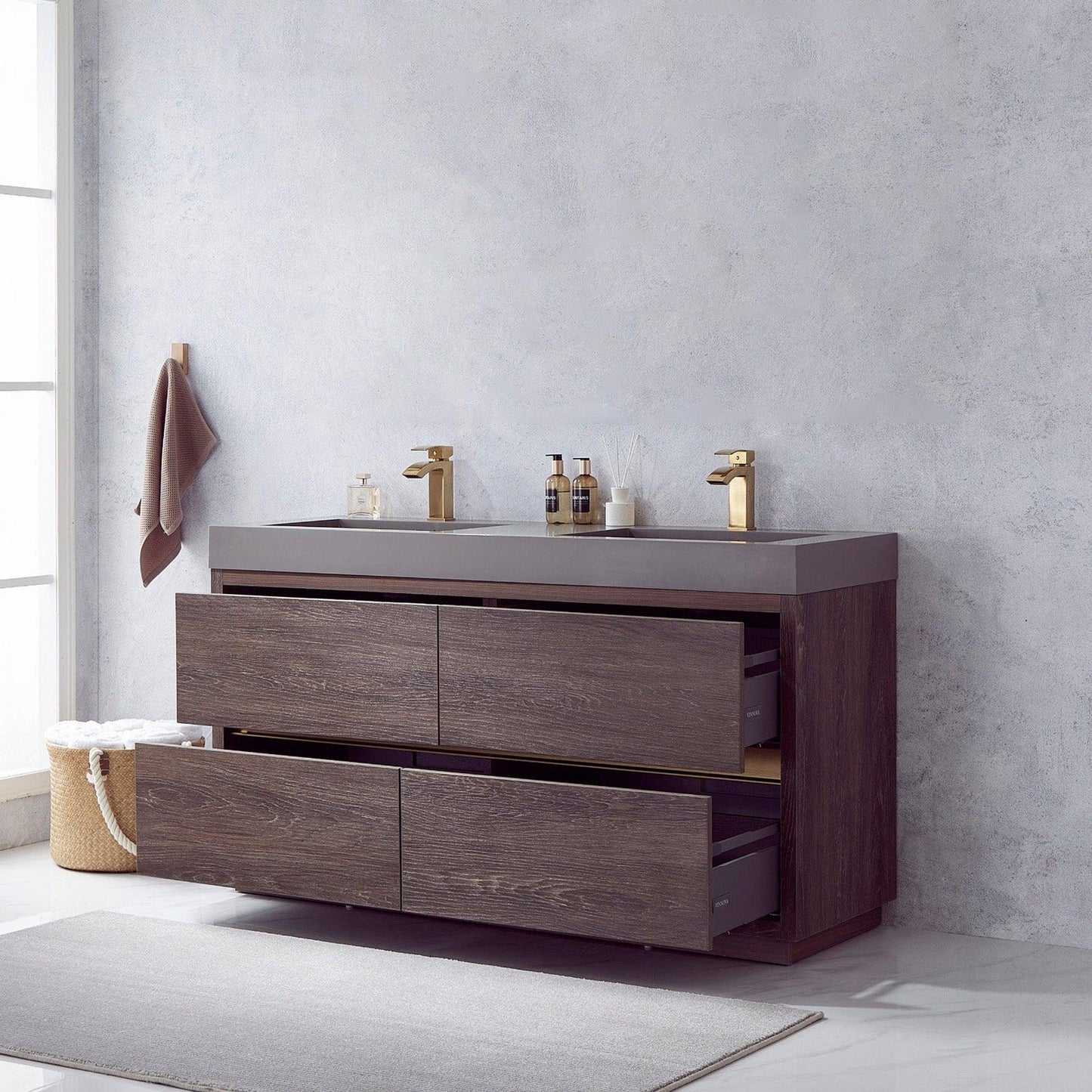 Vinnova Huesca 60" Double Sink Bath Vanity In North Carolina Oak With Grey Composite Integral Square Sink Top