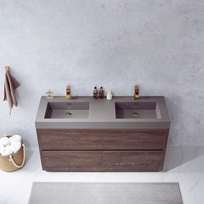 Vinnova Huesca 60" Double Sink Bath Vanity In North Carolina Oak With Grey Composite Integral Square Sink Top