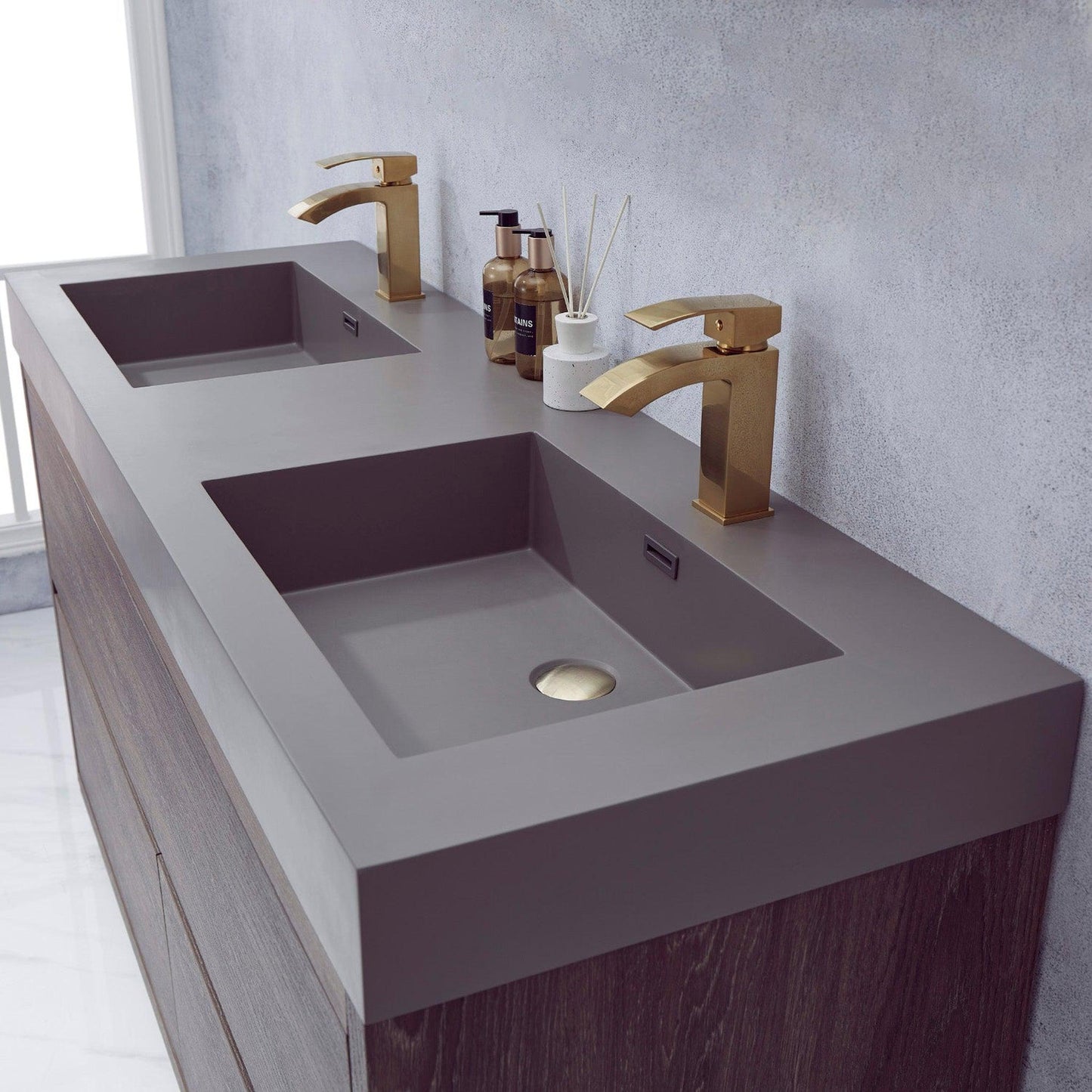 Vinnova Huesca 60" Double Sink Bath Vanity In North Carolina Oak With Grey Composite Integral Square Sink Top