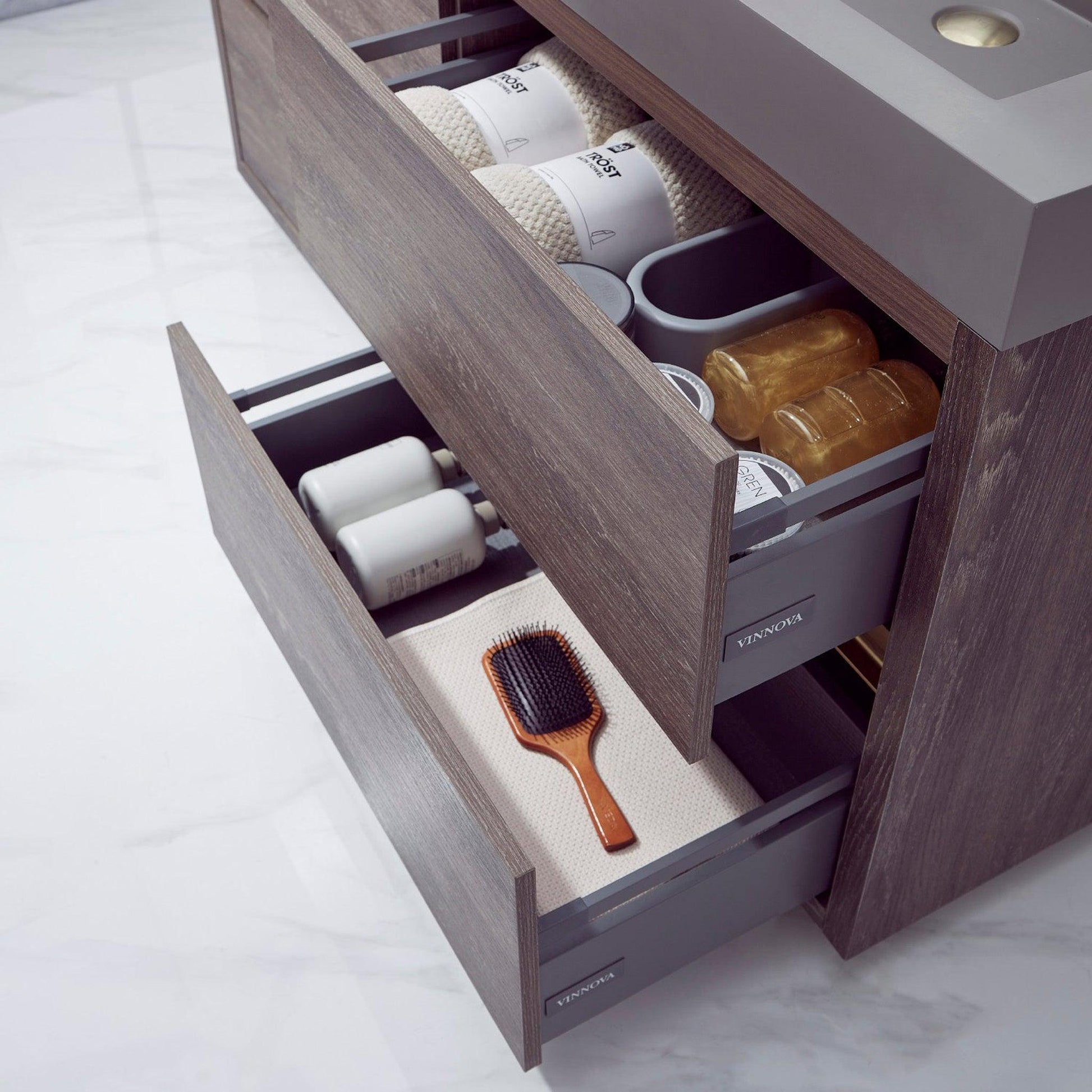 Vinnova Huesca 60" Double Sink Bath Vanity In North Carolina Oak With Grey Composite Integral Square Sink Top