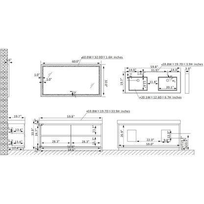 Vinnova Huesca 60" Double Sink Bath Vanity In North Carolina Oak With Grey Composite Integral Square Sink Top And Mirror