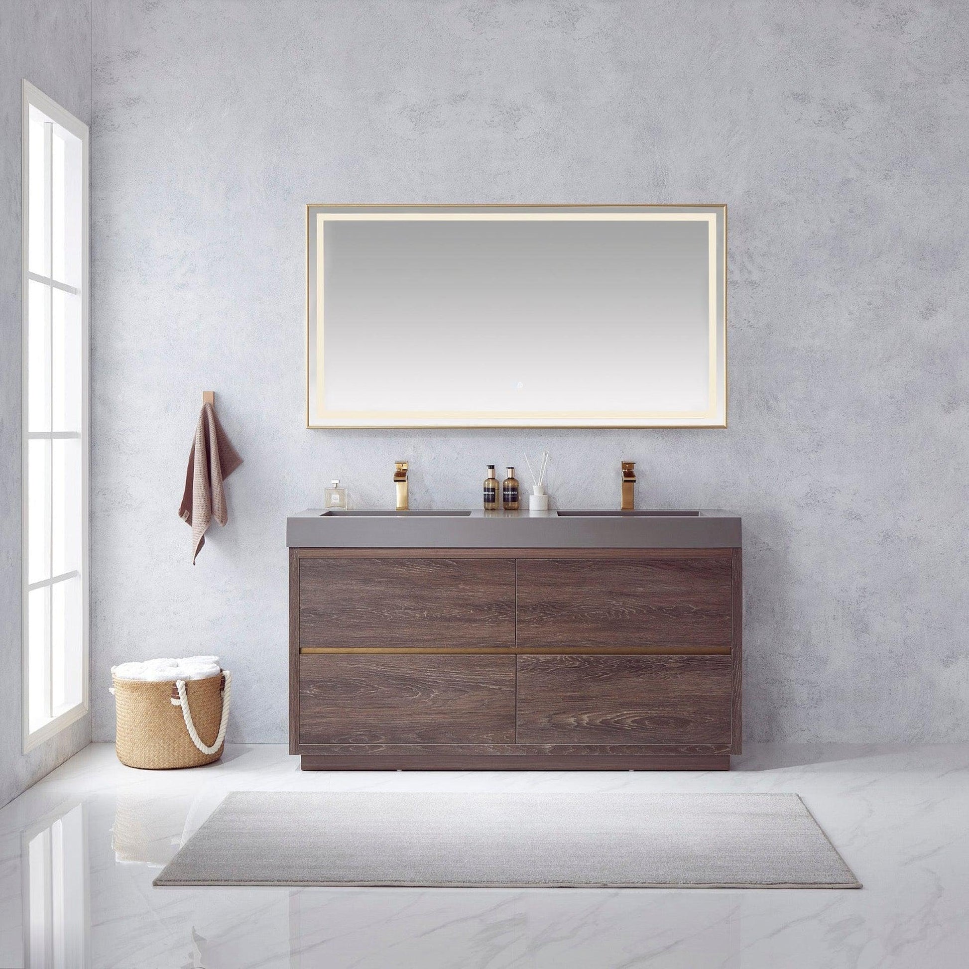 Vinnova Huesca 60" Double Sink Bath Vanity In North Carolina Oak With Grey Composite Integral Square Sink Top And Mirror