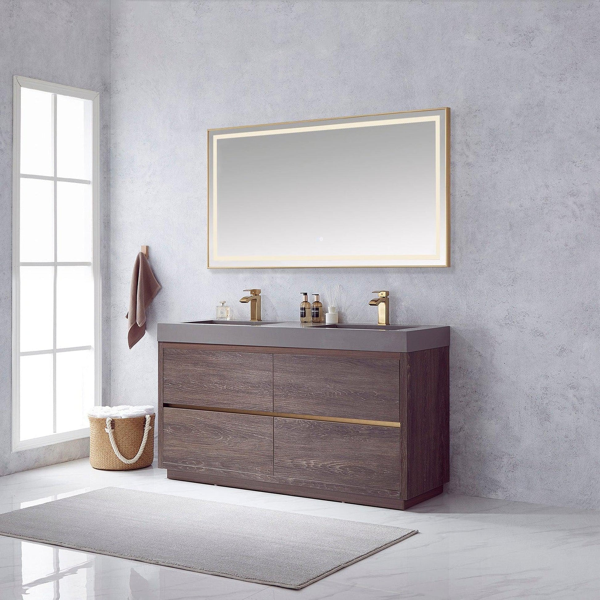 Vinnova Huesca 60" Double Sink Bath Vanity In North Carolina Oak With Grey Composite Integral Square Sink Top And Mirror