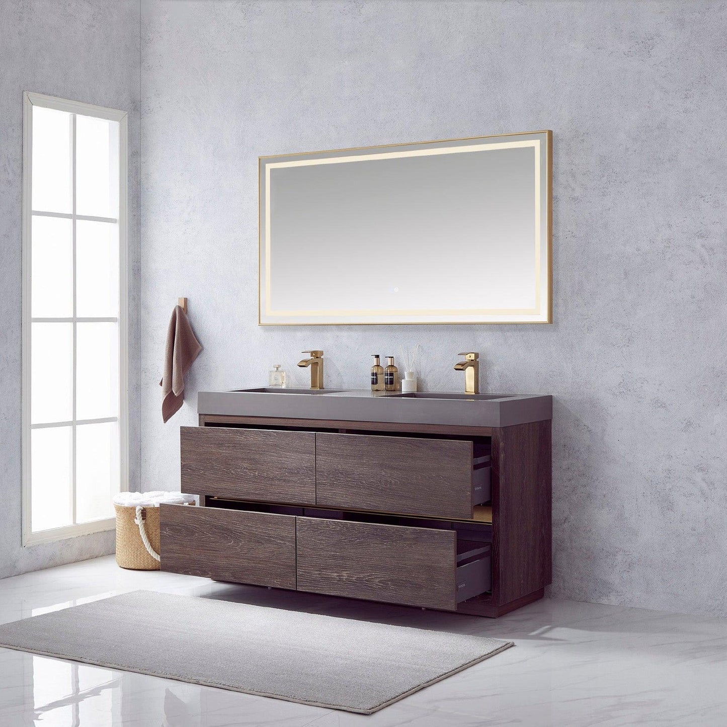 Vinnova Huesca 60" Double Sink Bath Vanity In North Carolina Oak With Grey Composite Integral Square Sink Top And Mirror