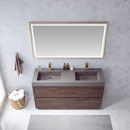 Vinnova Huesca 60" Double Sink Bath Vanity In North Carolina Oak With Grey Composite Integral Square Sink Top And Mirror