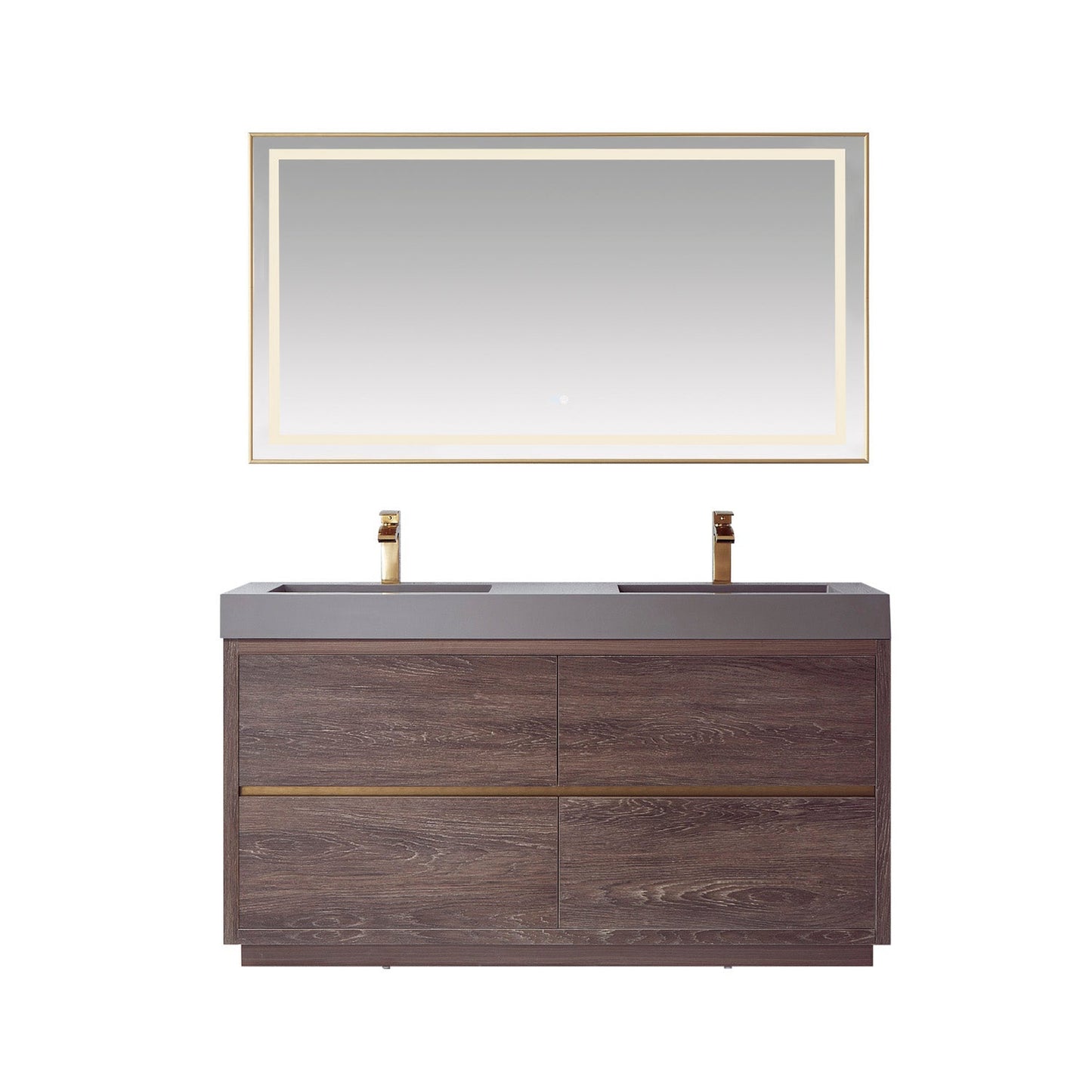 Vinnova Huesca 60" Double Sink Bath Vanity In North Carolina Oak With Grey Composite Integral Square Sink Top And Mirror