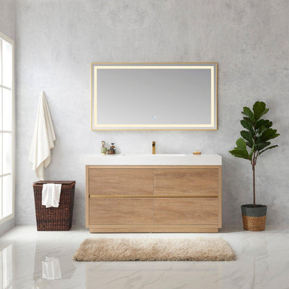 Vinnova Huesca 60" Single Sink Bath Vanity In North American Oak With White Composite Integral Square Sink Top And Mirror