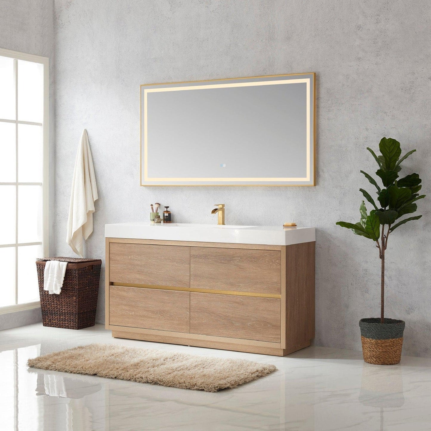 Vinnova Huesca 60" Single Sink Bath Vanity In North American Oak With White Composite Integral Square Sink Top And Mirror