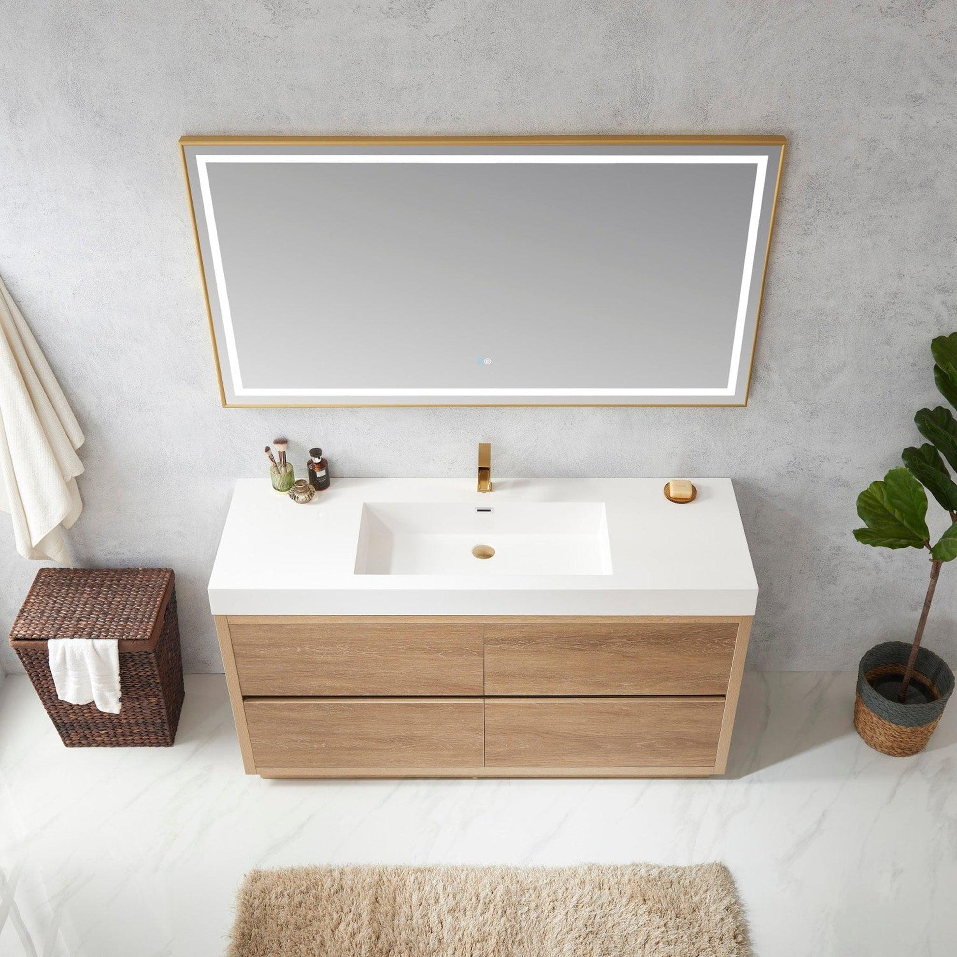 Vinnova Huesca 60" Single Sink Bath Vanity In North American Oak With White Composite Integral Square Sink Top And Mirror