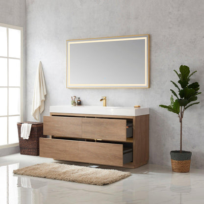 Vinnova Huesca 60" Single Sink Bath Vanity In North American Oak With White Composite Integral Square Sink Top And Mirror