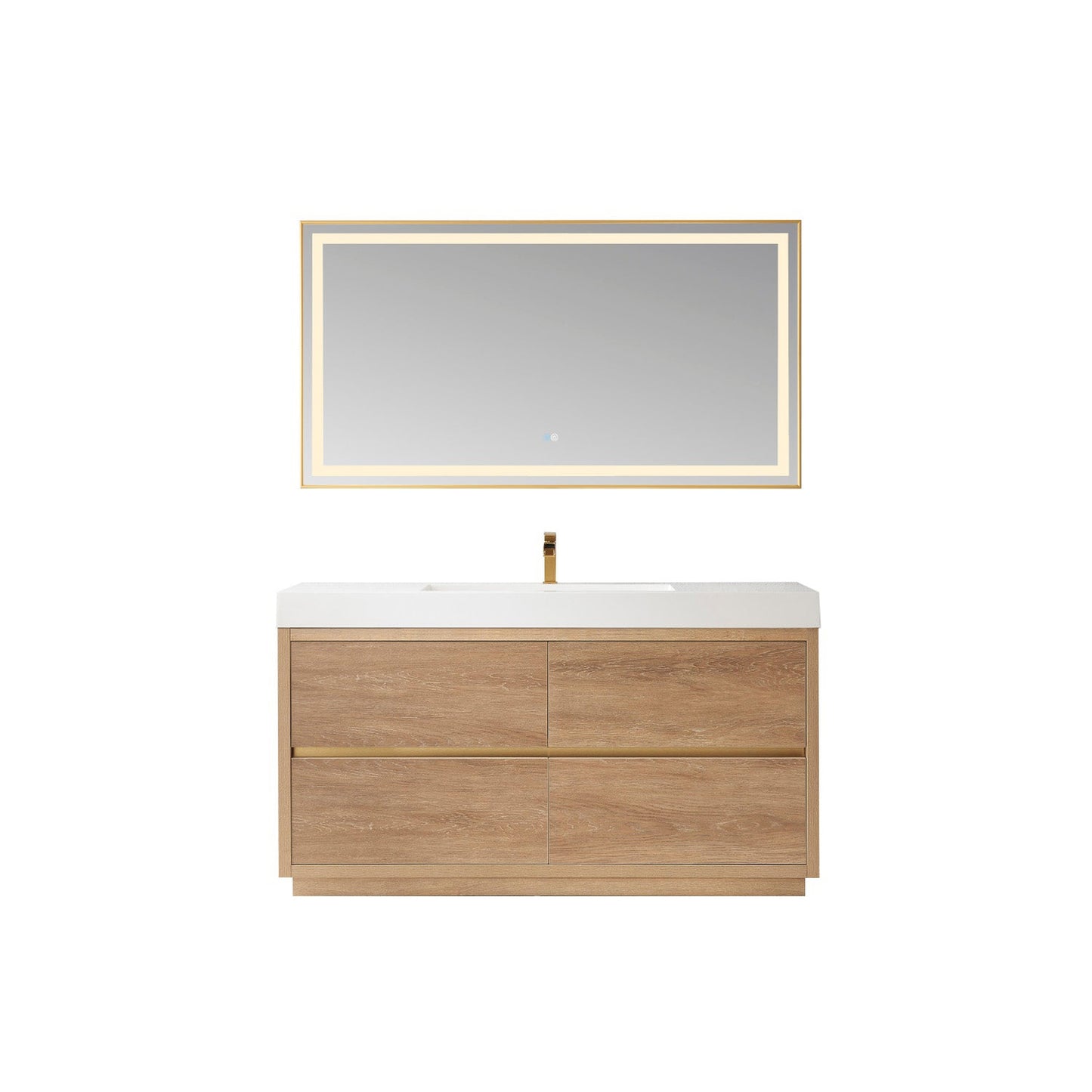 Vinnova Huesca 60" Single Sink Bath Vanity In North American Oak With White Composite Integral Square Sink Top And Mirror