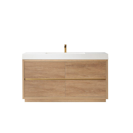 Vinnova Huesca 60" Single Sink Bath Vanity In North American Oak With White Composite Integral Square Sink Top