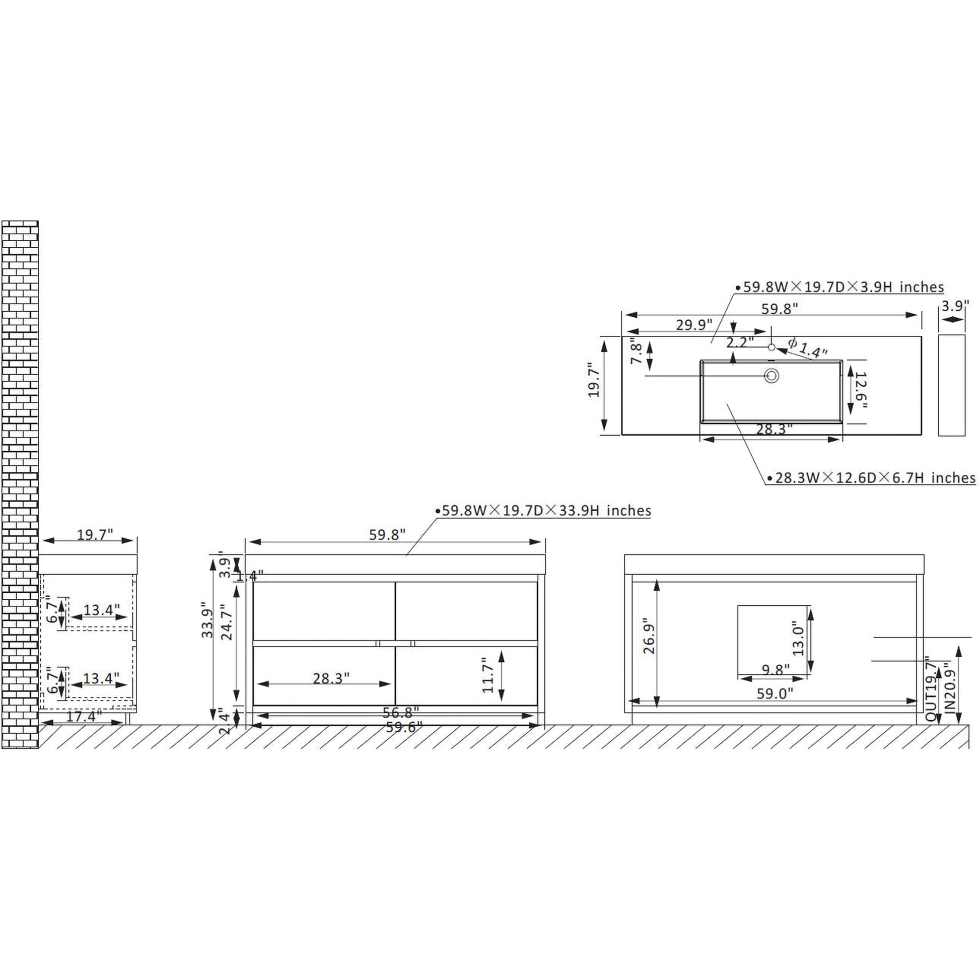 Vinnova Huesca 60" Single Sink Bath Vanity In North Carolina Oak With Grey Composite Integral Square Sink Top