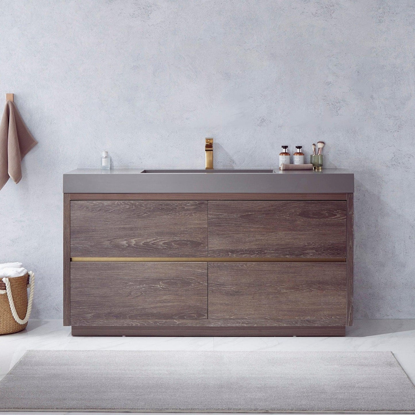 Vinnova Huesca 60" Single Sink Bath Vanity In North Carolina Oak With Grey Composite Integral Square Sink Top