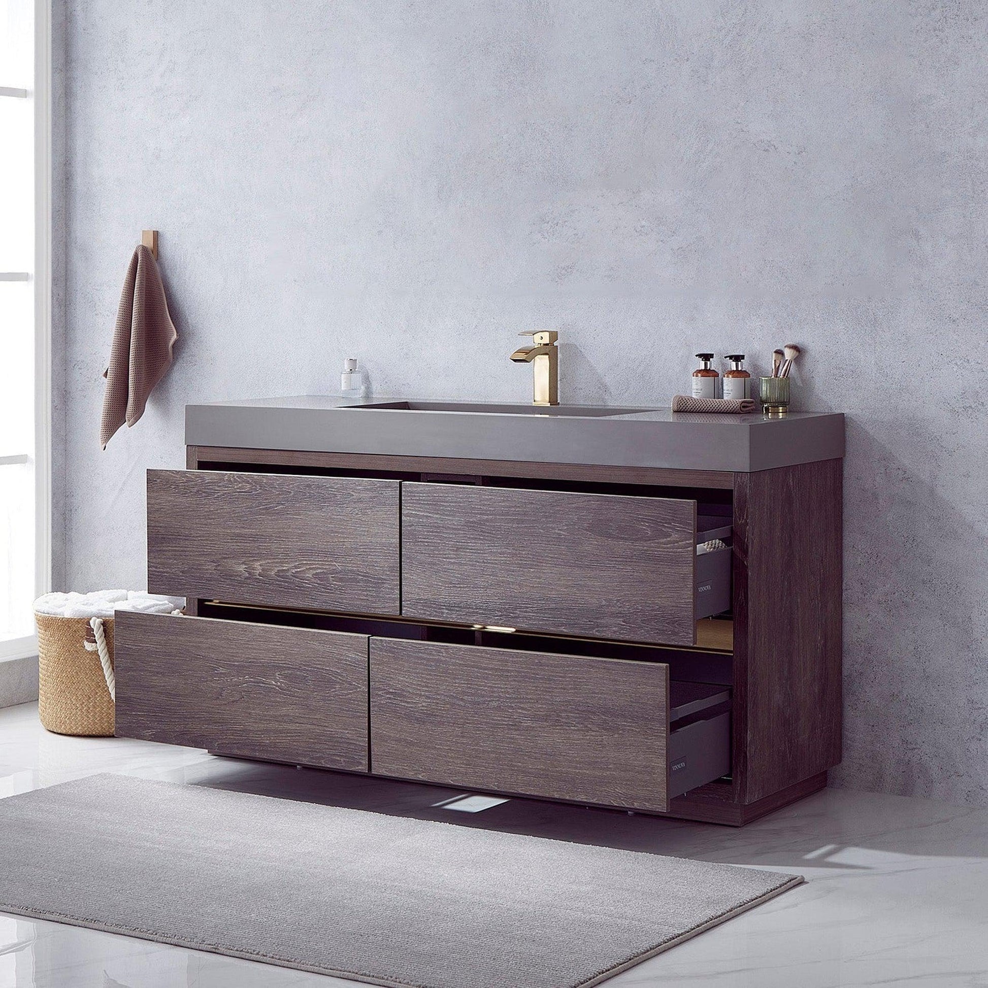 Vinnova Huesca 60" Single Sink Bath Vanity In North Carolina Oak With Grey Composite Integral Square Sink Top