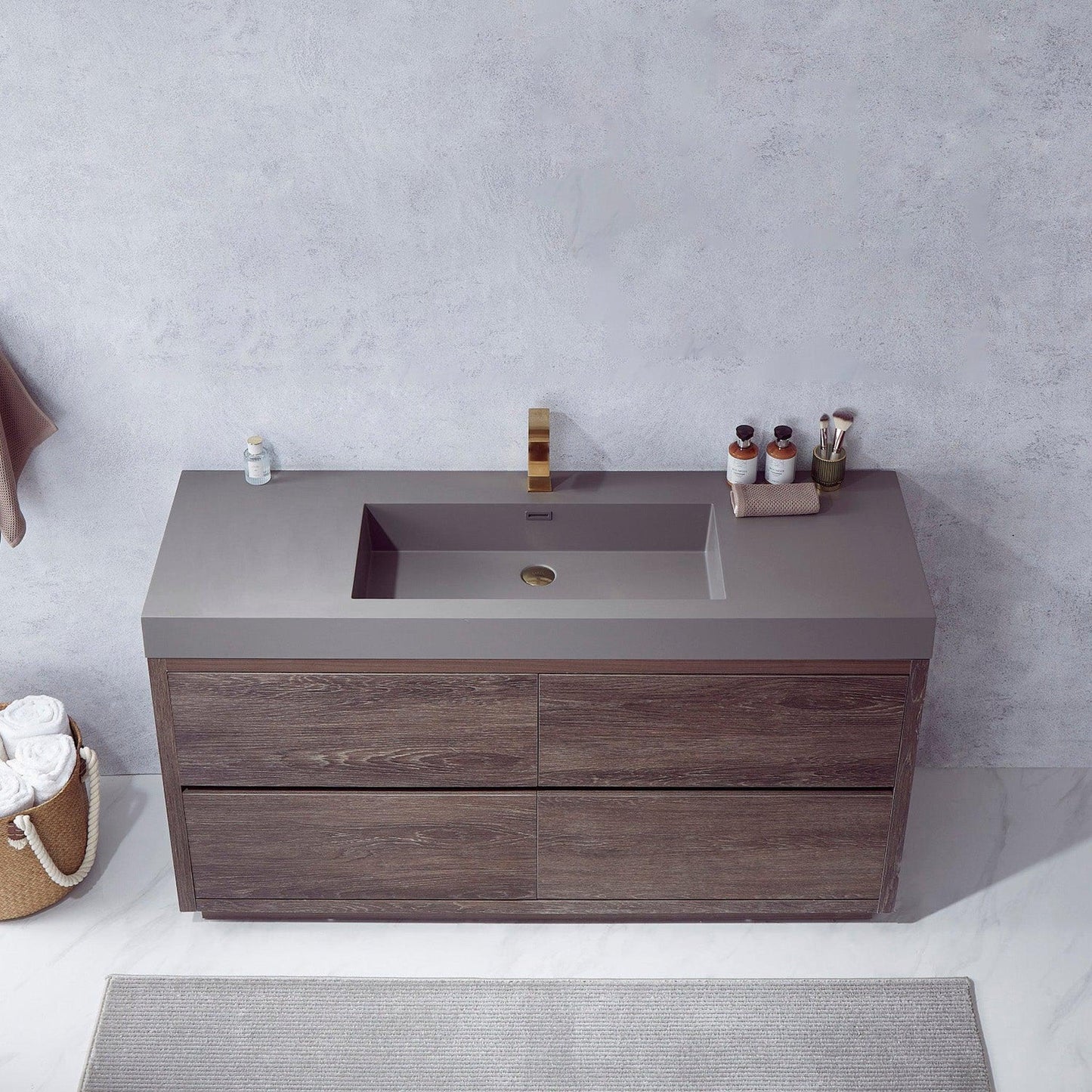 Vinnova Huesca 60" Single Sink Bath Vanity In North Carolina Oak With Grey Composite Integral Square Sink Top