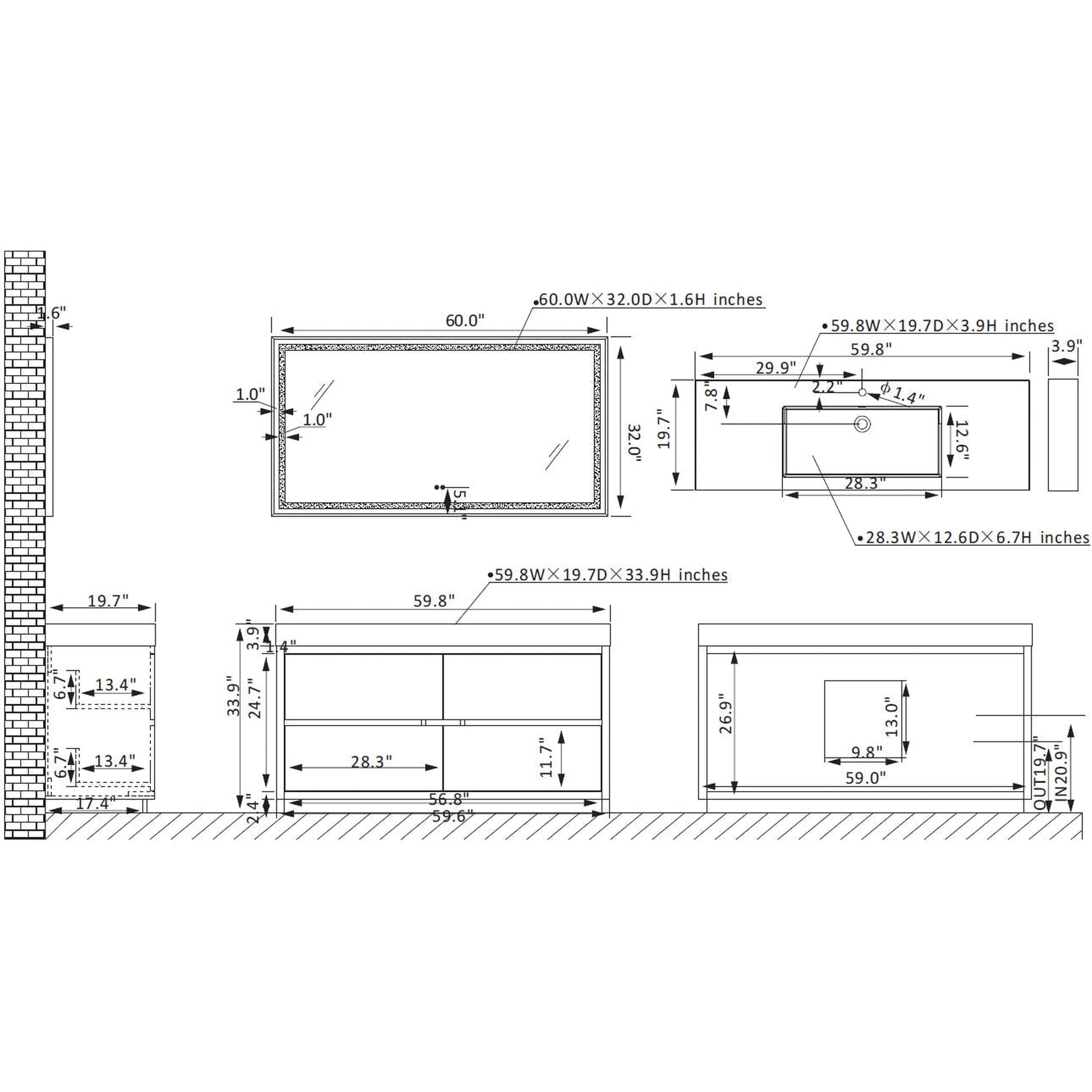 Vinnova Huesca 60" Single Sink Bath Vanity In North Carolina Oak With Grey Composite Integral Square Sink Top And Mirror