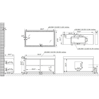 Vinnova Huesca 60" Single Sink Bath Vanity In North Carolina Oak With Grey Composite Integral Square Sink Top And Mirror