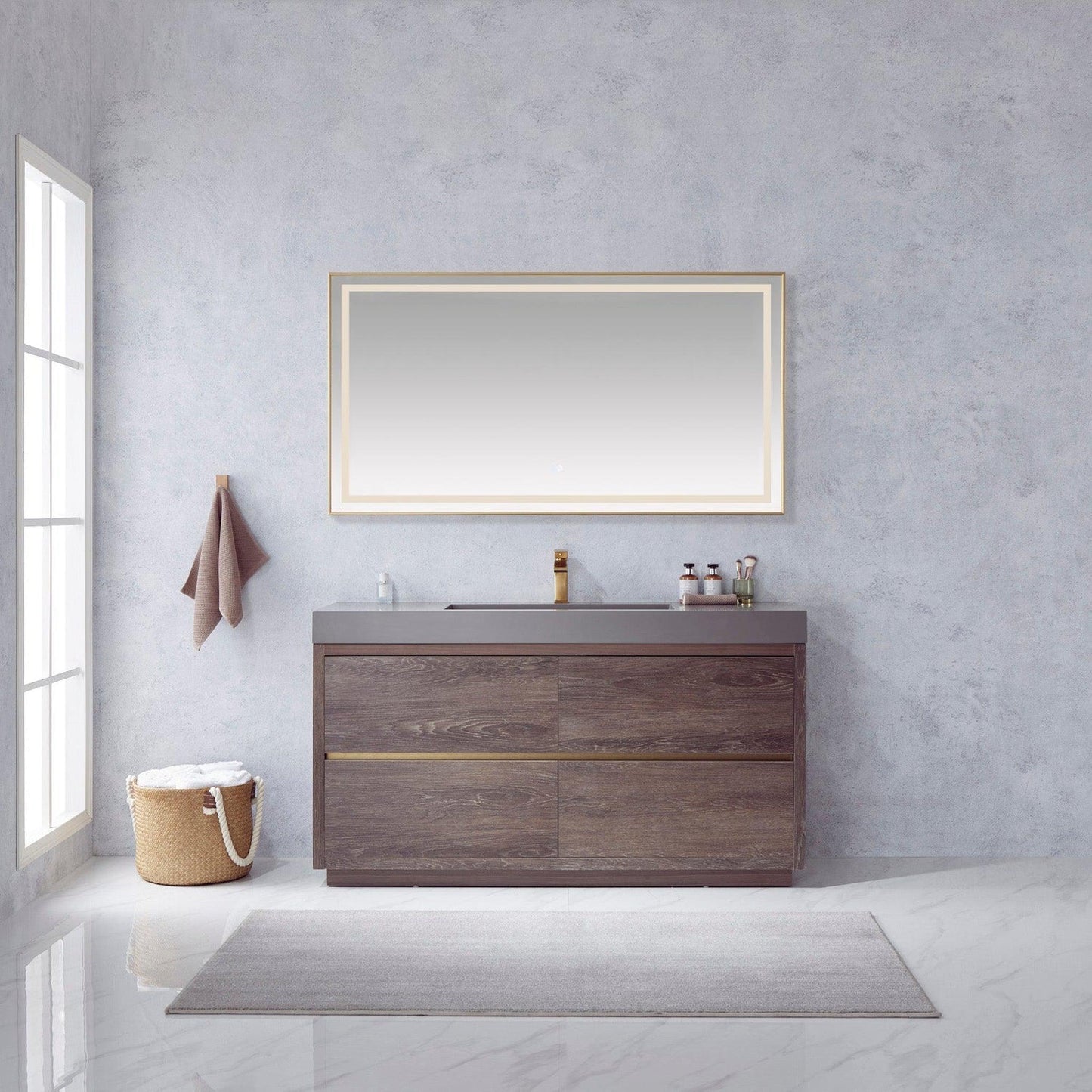 Vinnova Huesca 60" Single Sink Bath Vanity In North Carolina Oak With Grey Composite Integral Square Sink Top And Mirror