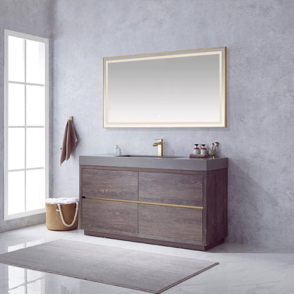 Vinnova Huesca 60" Single Sink Bath Vanity In North Carolina Oak With Grey Composite Integral Square Sink Top And Mirror