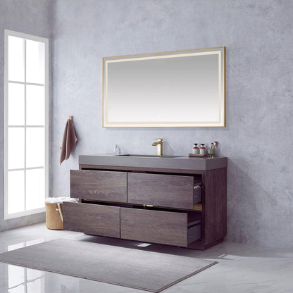 Vinnova Huesca 60" Single Sink Bath Vanity In North Carolina Oak With Grey Composite Integral Square Sink Top And Mirror