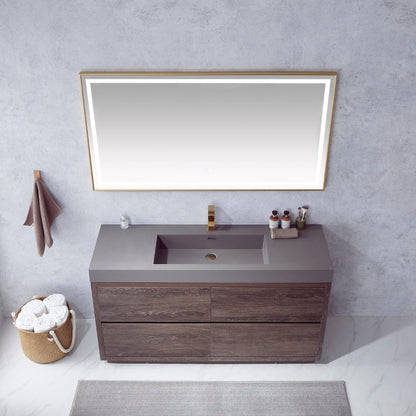 Vinnova Huesca 60" Single Sink Bath Vanity In North Carolina Oak With Grey Composite Integral Square Sink Top And Mirror