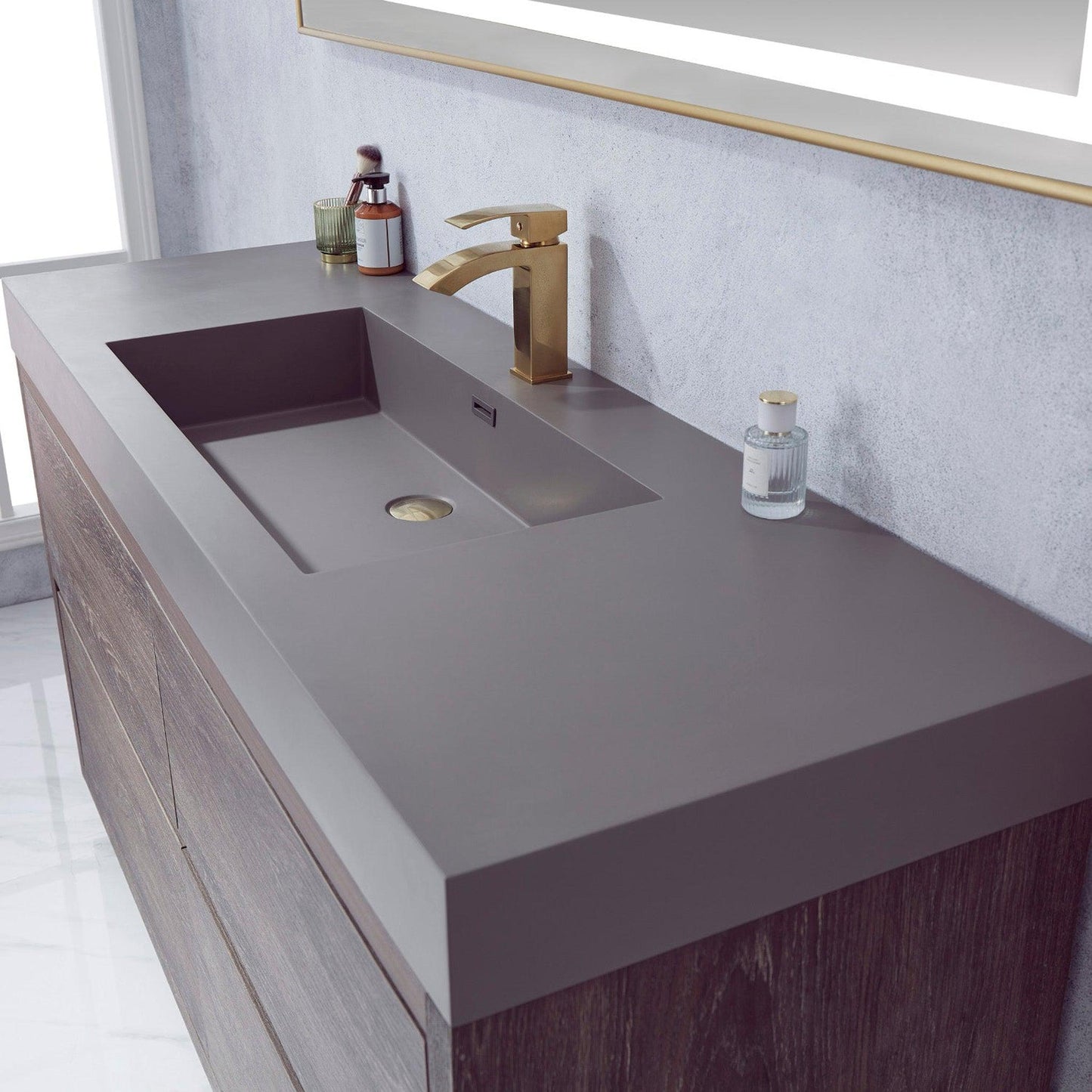 Vinnova Huesca 60" Single Sink Bath Vanity In North Carolina Oak With Grey Composite Integral Square Sink Top And Mirror