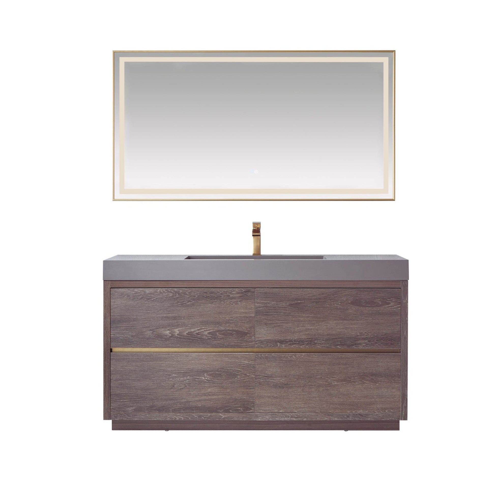 Vinnova Huesca 60" Single Sink Bath Vanity In North Carolina Oak With Grey Composite Integral Square Sink Top And Mirror
