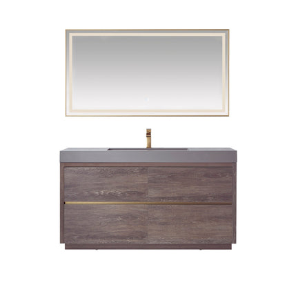 Vinnova Huesca 60" Single Sink Bath Vanity In North Carolina Oak With Grey Composite Integral Square Sink Top And Mirror