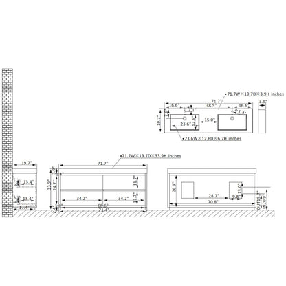 Vinnova Huesca 72" Double Sink Bath Vanity In North American Oak With White Composite Integral Square Sink Top