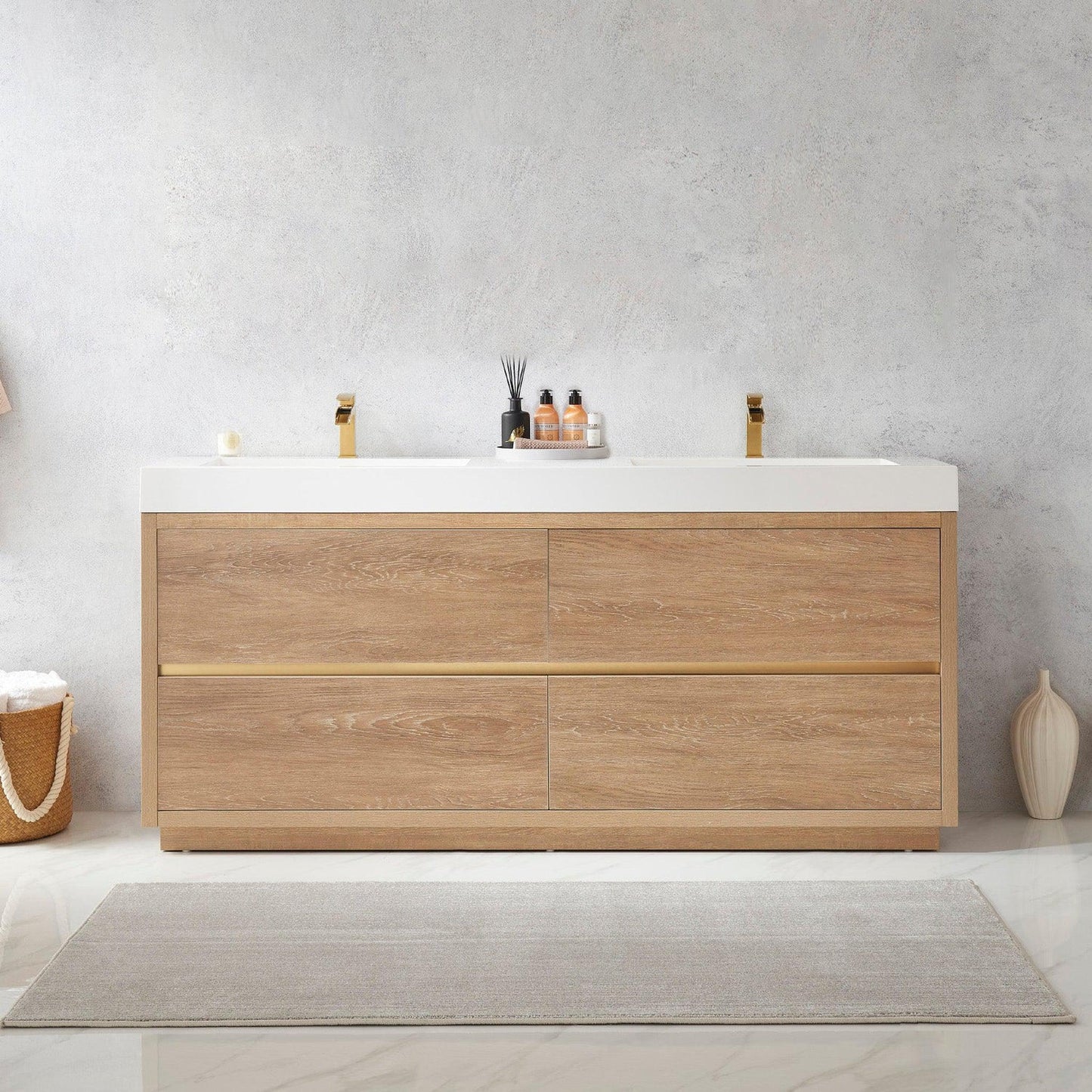 Vinnova Huesca 72" Double Sink Bath Vanity In North American Oak With White Composite Integral Square Sink Top
