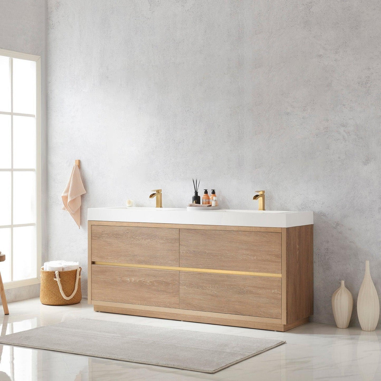 Vinnova Huesca 72" Double Sink Bath Vanity In North American Oak With White Composite Integral Square Sink Top