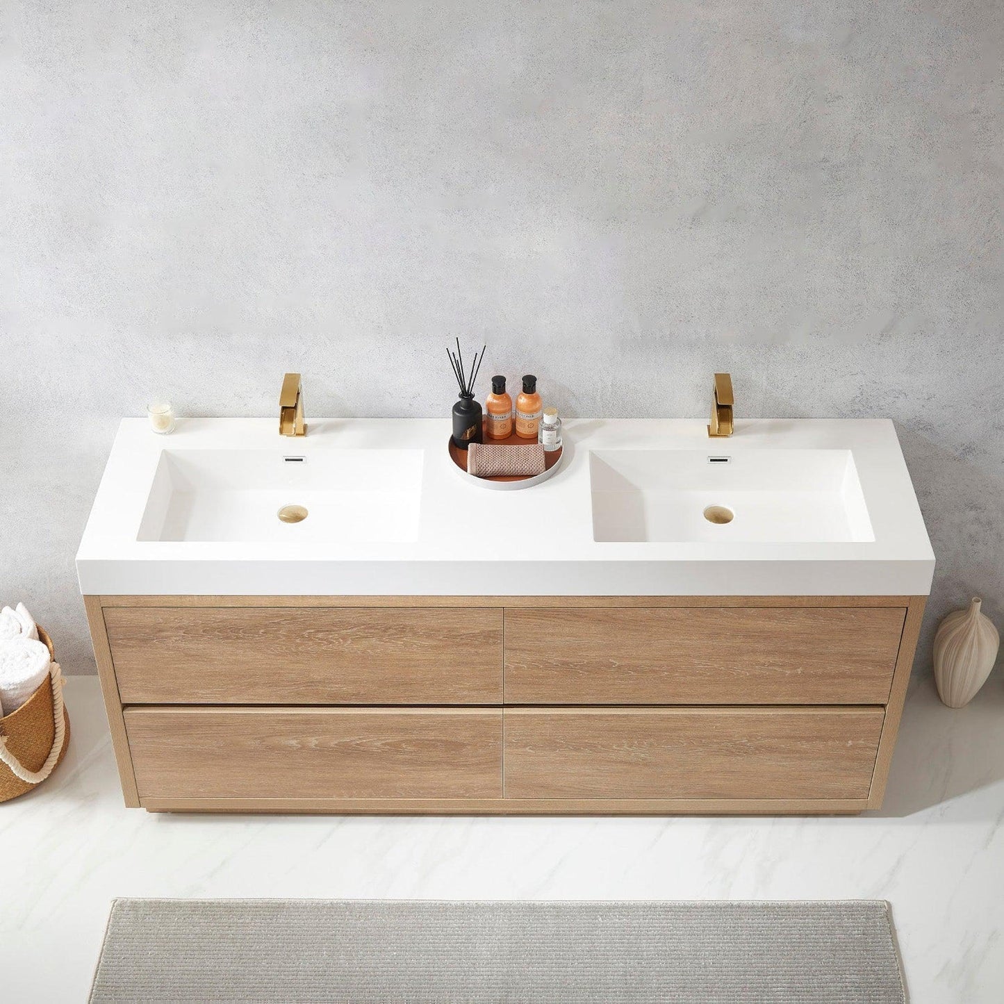 Vinnova Huesca 72" Double Sink Bath Vanity In North American Oak With White Composite Integral Square Sink Top